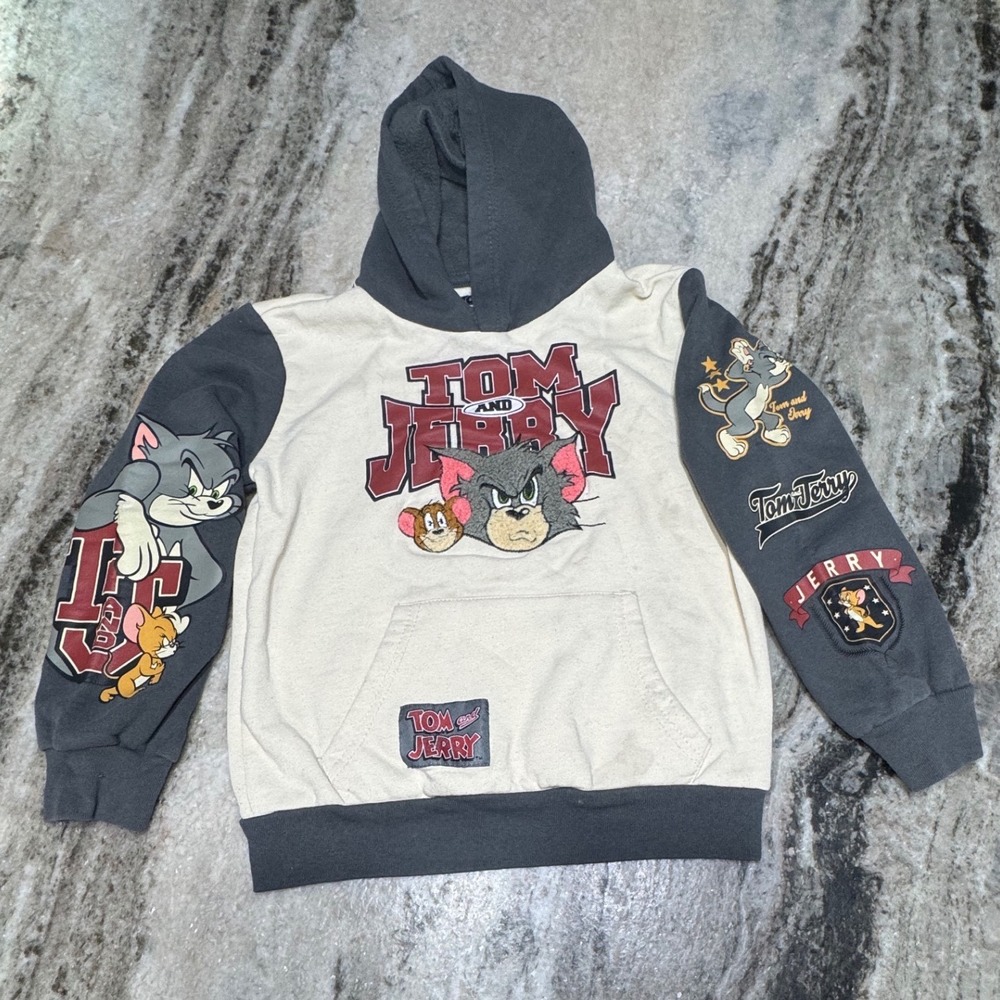 Freeze Tom and Jerry Hoodie Kids 6/7 Embroidered Graphic Colorblock Grey Cream